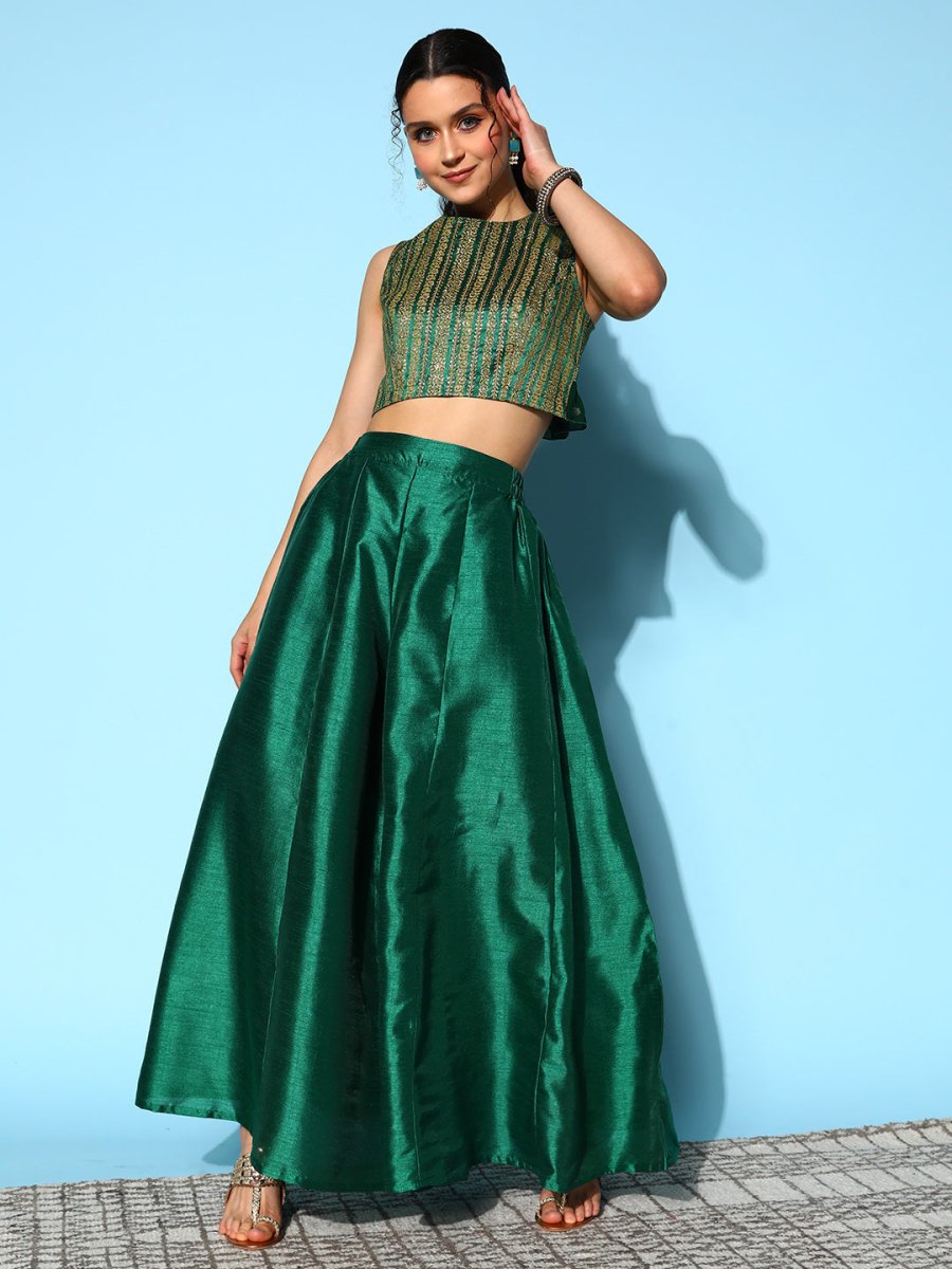 Ahalyaa Women Green & Gold-Toned Printed Co-ords 