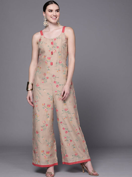 Ahalyaa Women Tan Printed Basic Jumpsuit