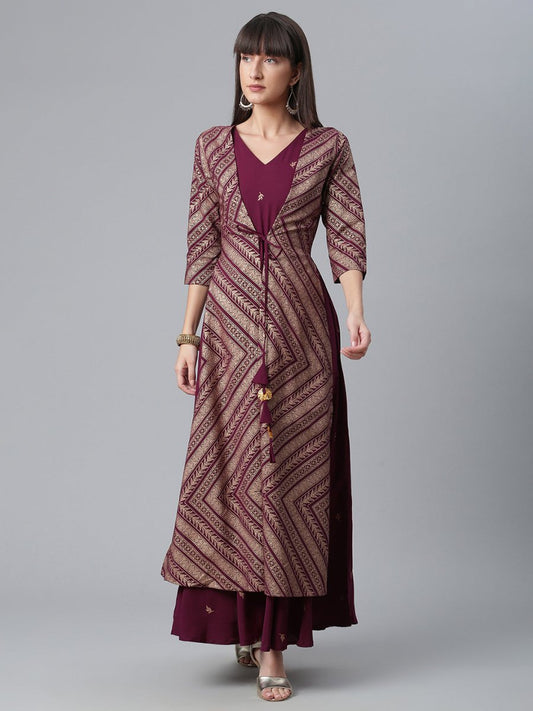 Ahalyaa Crepe Wine Glitter Print Kurta With Jacket - Grab2buy