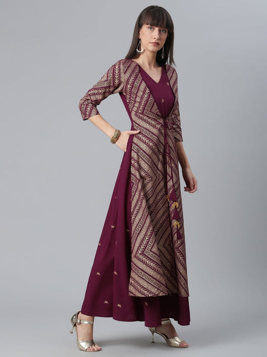 Ahalyaa Crepe Wine Glitter Print Kurta With Jacket - Grab2buy