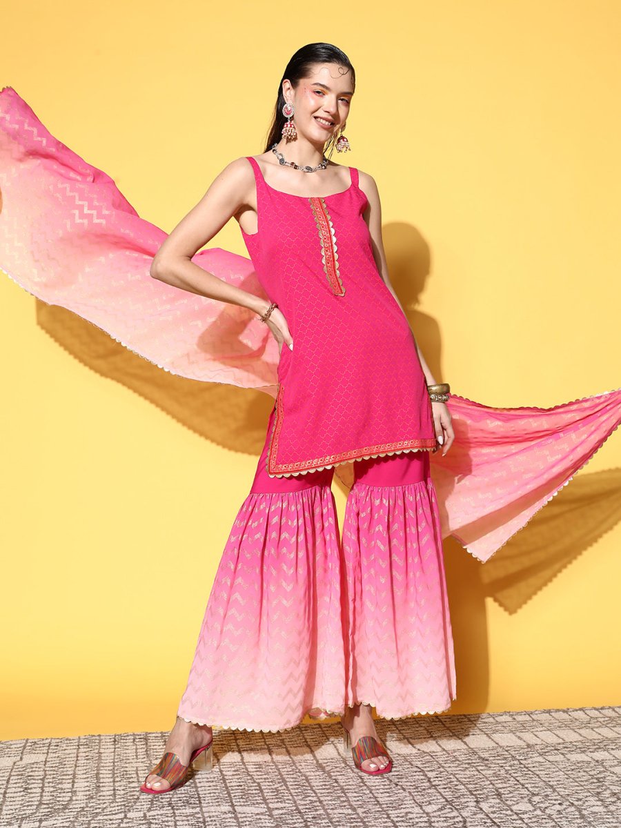 Ahalyaa Women Pink Ombre Printed Gotta Patti Kurti with Sharara & With Dupatta 