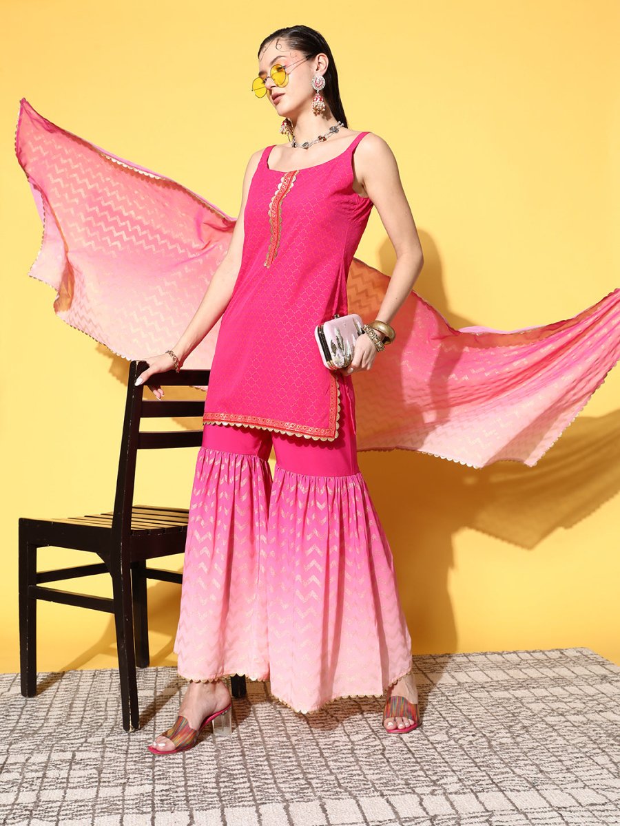 Ahalyaa Women Pink Ombre Printed Gotta Patti Kurti with Sharara & With Dupatta 