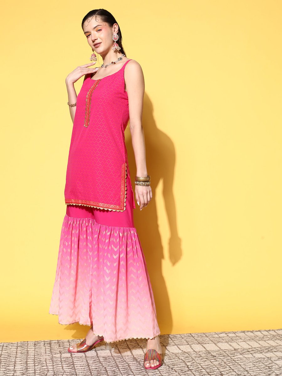 Ahalyaa Women Pink Ombre Printed Gotta Patti Kurti with Sharara & With Dupatta 