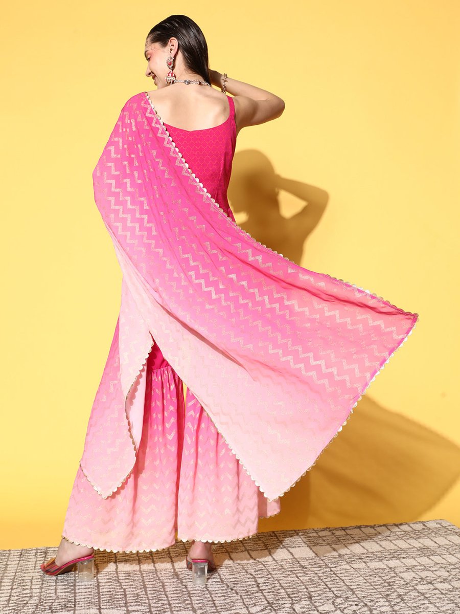 Ahalyaa Women Pink Ombre Printed Gotta Patti Kurti with Sharara & With Dupatta 