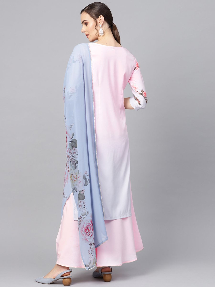 Ahalyaa Pastel Pink Floral Print Kurta With Sharara & Dupatta
