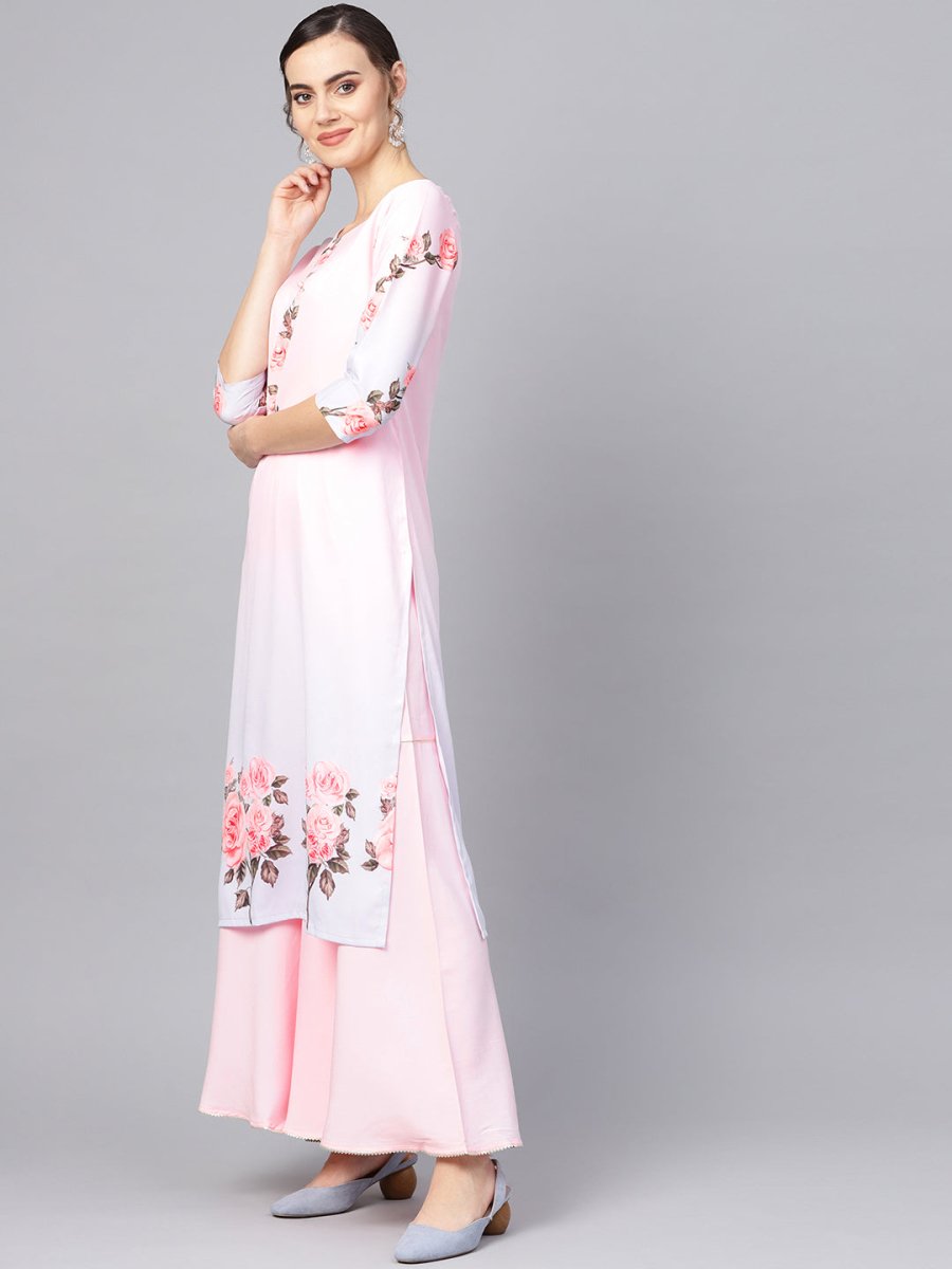 Ahalyaa Pastel Pink Floral Print Kurta With Sharara & Dupatta