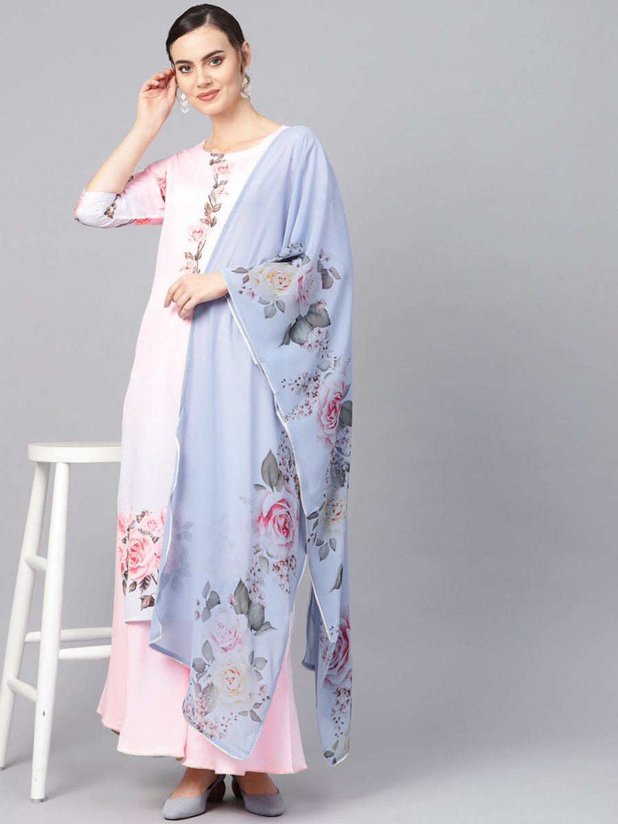 Ahalyaa Pastel Pink Floral Print Kurta With Sharara & Dupatta