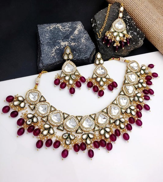 Jewel City Gold-Plated Kundan Choker Necklace Set with Beads & Maang Tikka | Traditional Indian Bridal Jewelry | Grab2Buy
