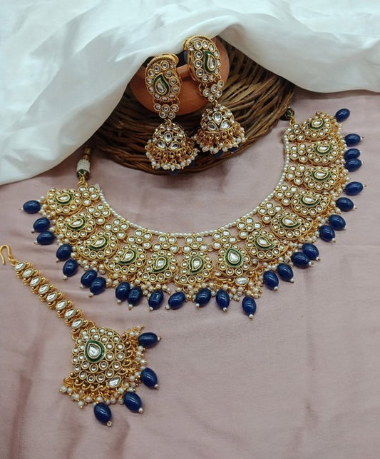 Jewel City Royal Blue Kundan Choker Necklace Set with Maang Tikka & Earrings | Traditional Gold-Plated Indian Bridal Jewelry | Grab2Buy