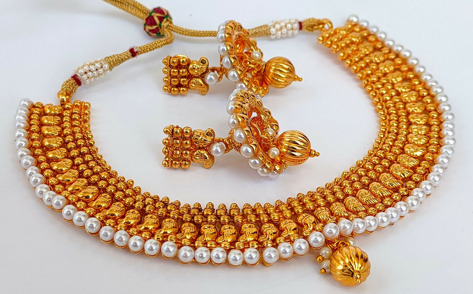 Metallic Mango Necklace Set With White Beads - Grab2buy