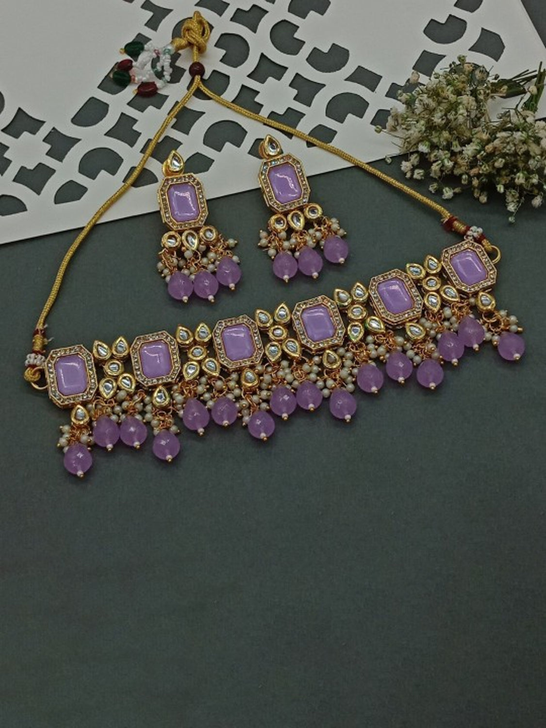Jewel City Lavender Kundan Choker Necklace Set | Royal Purple Stone Gold-Plated Jewelry | Grab2Buy