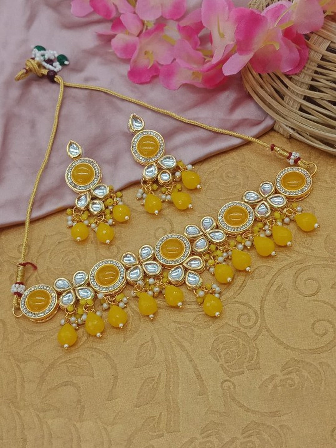 Jewel City Gold-Plated Handcrafted Kundan Yellow Bead Ethnic Jewelry Set – Traditional Necklace & Earrings for Party & Festival Wear | Grab2Buy