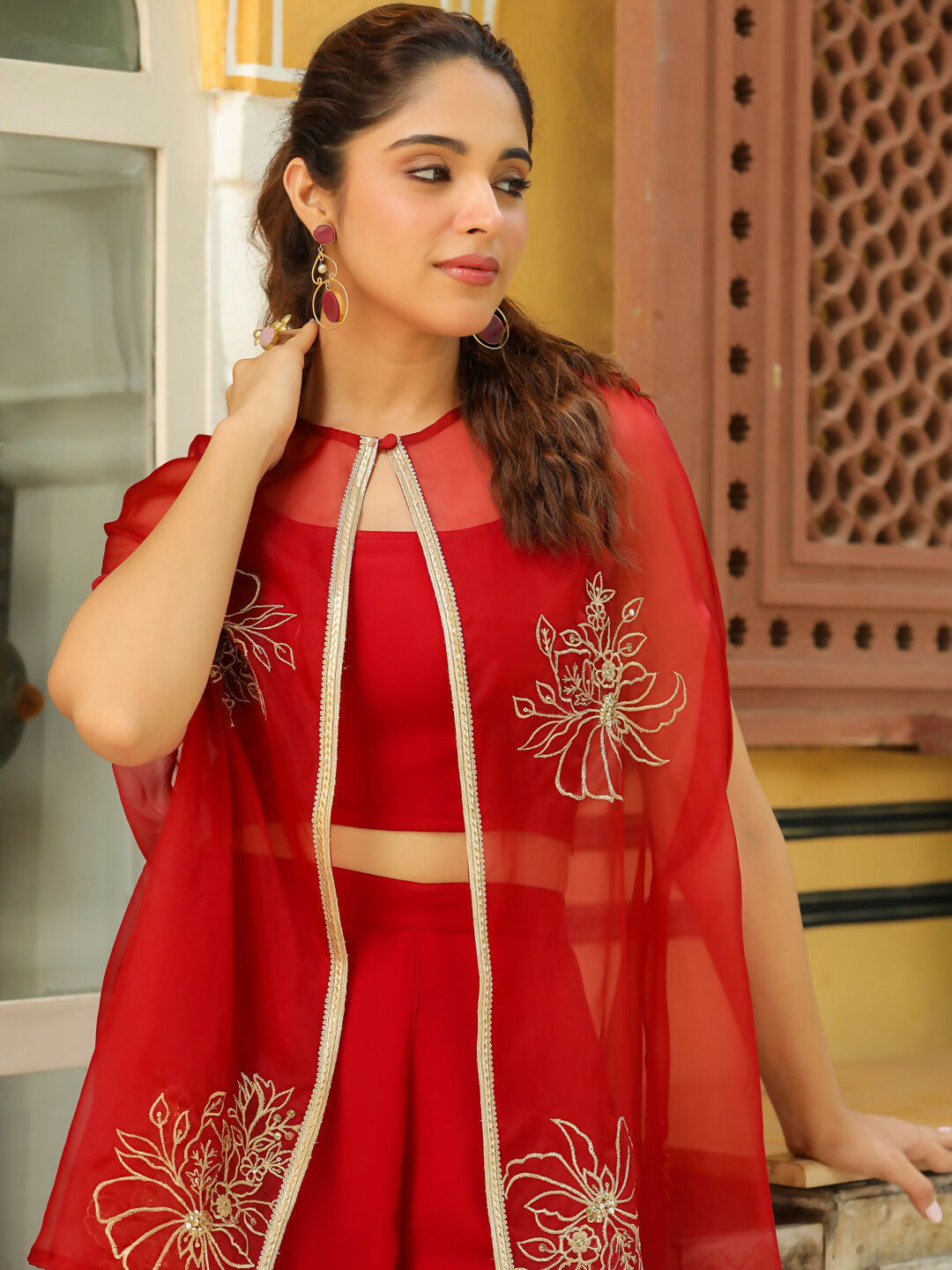 Janasya Maroon Georgette Solid Top Bottom Cape 
