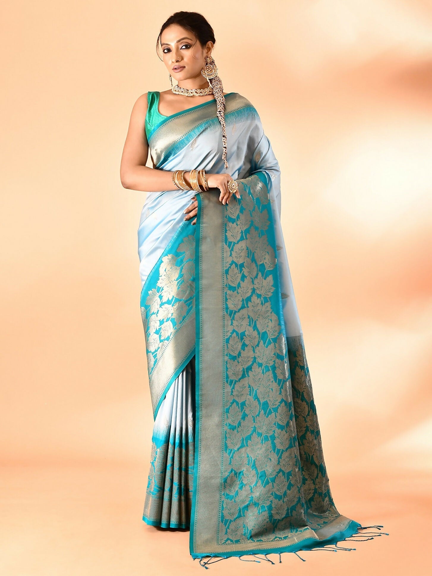 Joban Fashion Sky Blue & Rama Plain With Weaving Border Banarasi Silk Sarees 