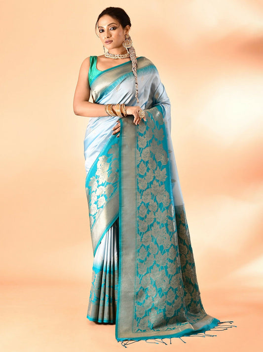Joban Fashion Sky Blue & Rama Plain With Weaving Border Banarasi Silk Sarees 