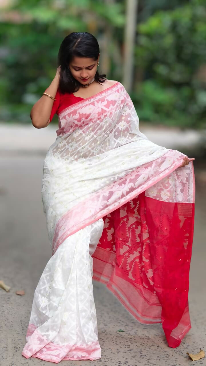 Exclusive Collection White Red White Red Jamdani Grab2Buy 