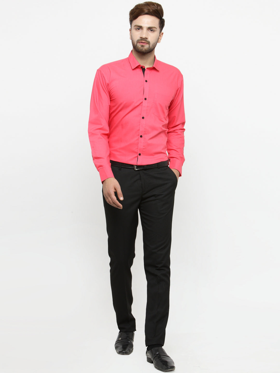 Jainish Coral Red Formal Shirt with black detailing ( SF 411Coral )