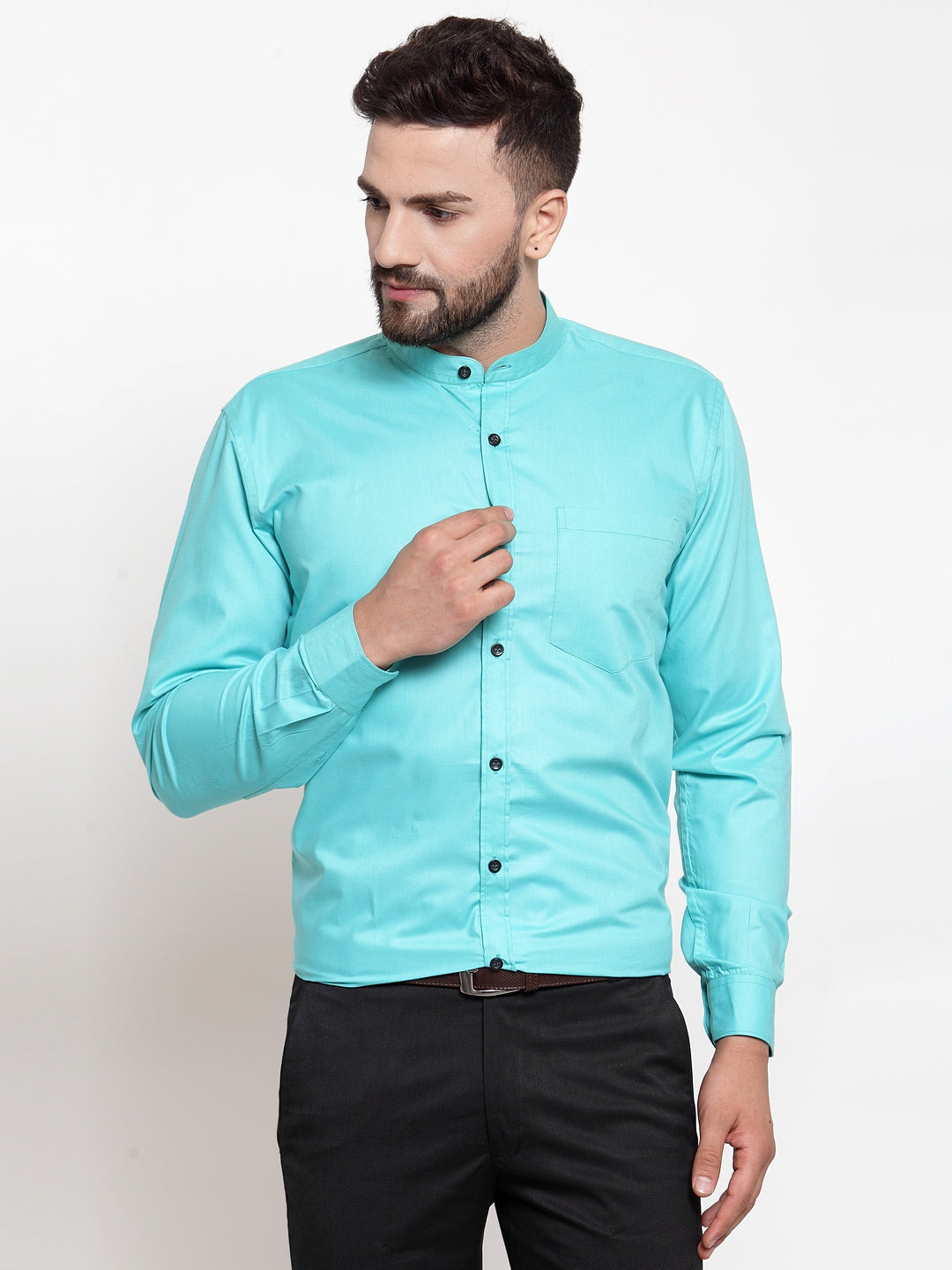 Jainish Green Men's Cotton Solid Mandarin Collar Formal Shirts ( SF 726Aqua )