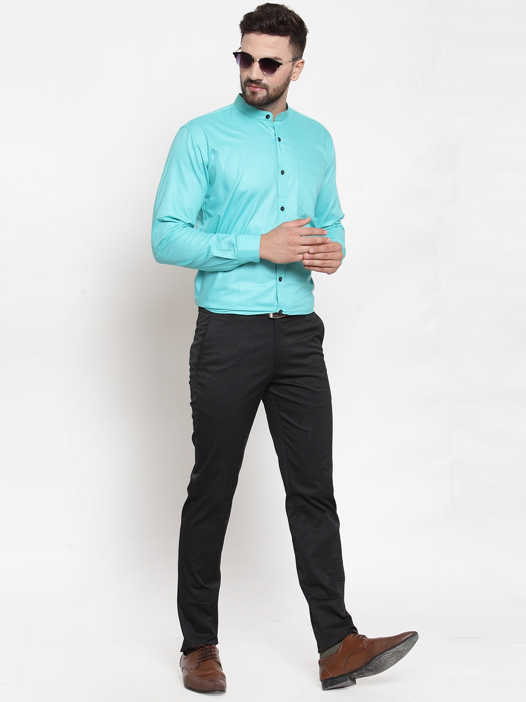 Jainish Green Men's Cotton Solid Mandarin Collar Formal Shirts ( SF 726Aqua )