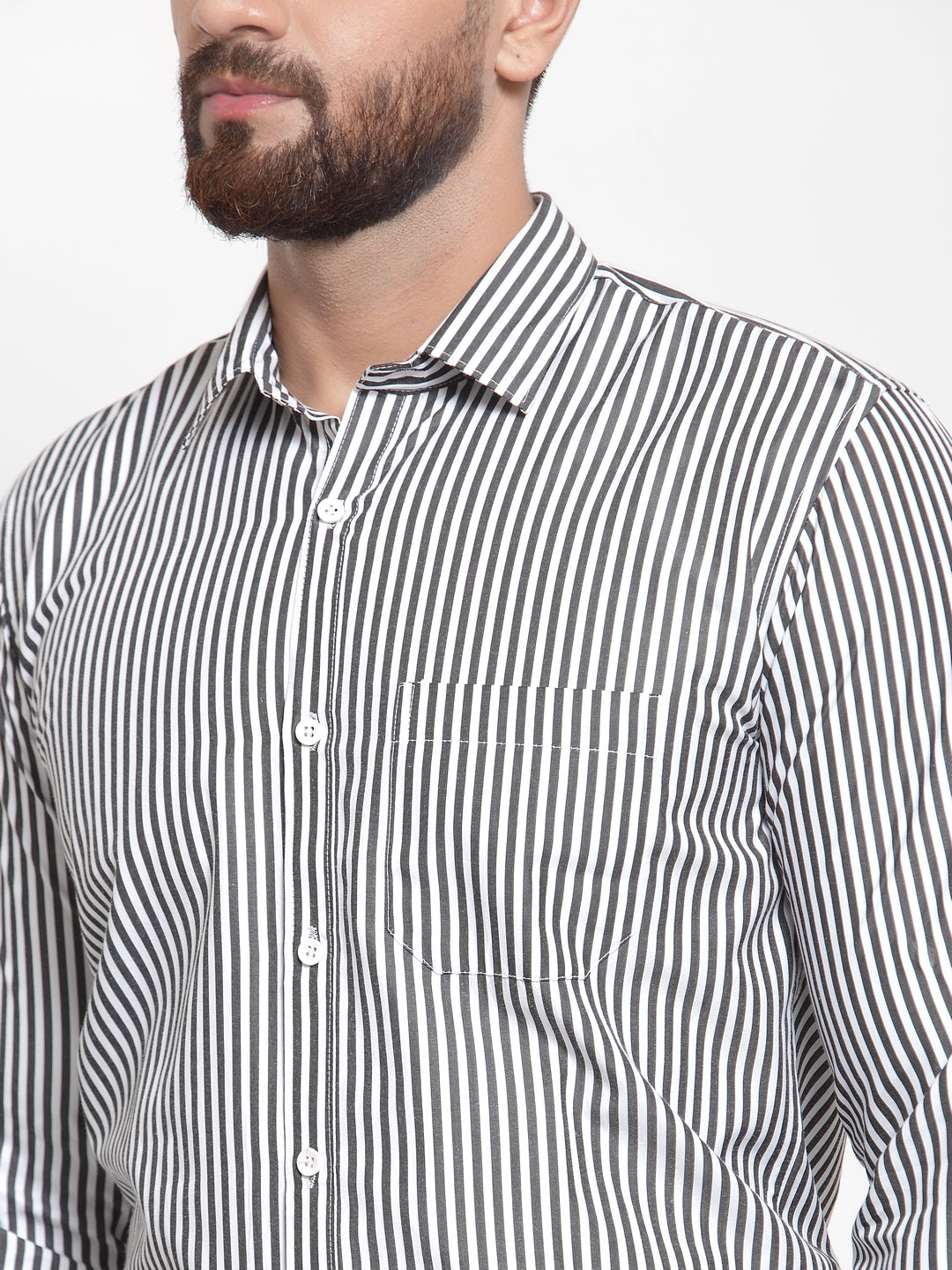 Jainish Black Men's Cotton Striped Formal Shirts ( SF 735Black )