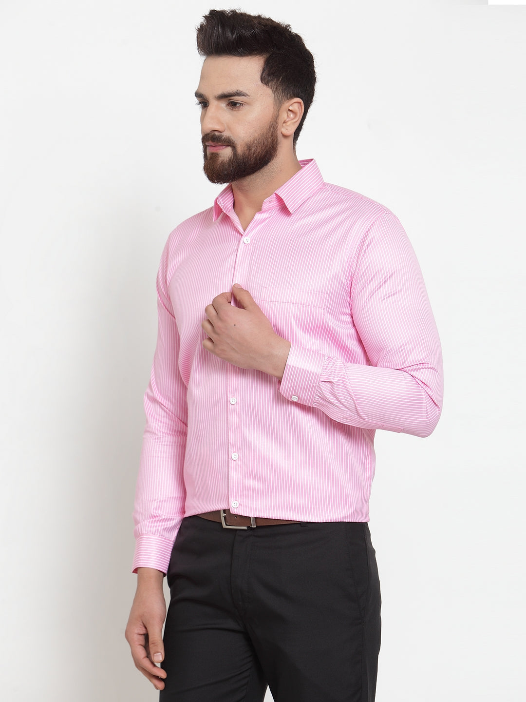Jainish Pink Men's Cotton Stiped Formal Shirts ( SF 737Pink )