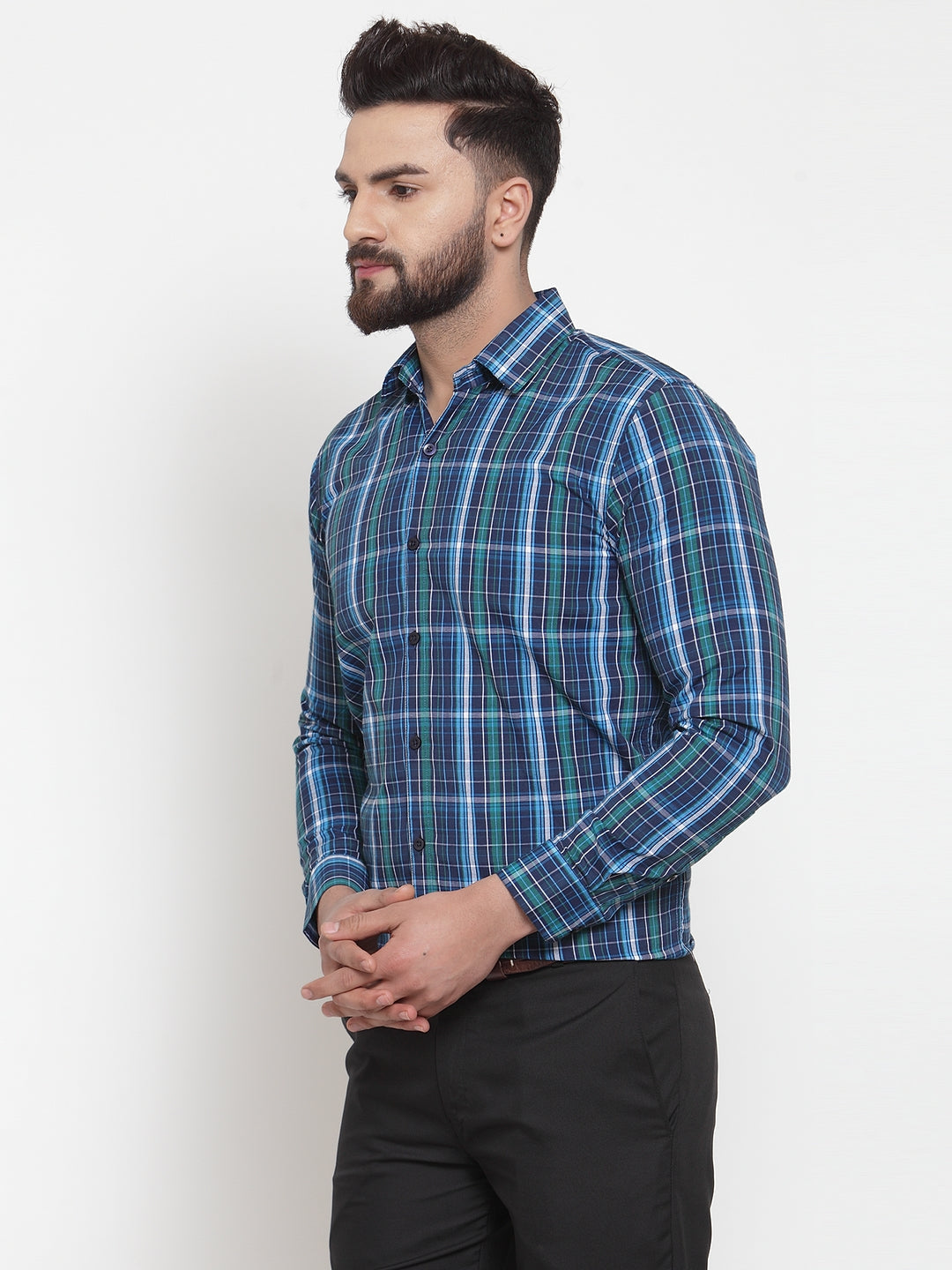 Jainish Blue Men's Cotton Checked Formal Shirts ( SF 741Sky-Blue )