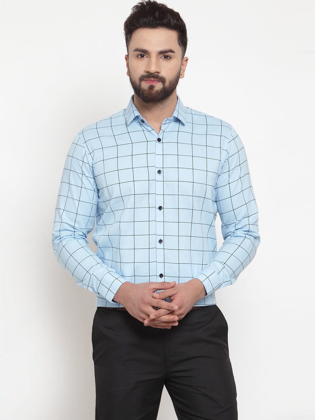 Jainish Blue Men's Cotton Checked Formal Shirts ( SF 742Sky )