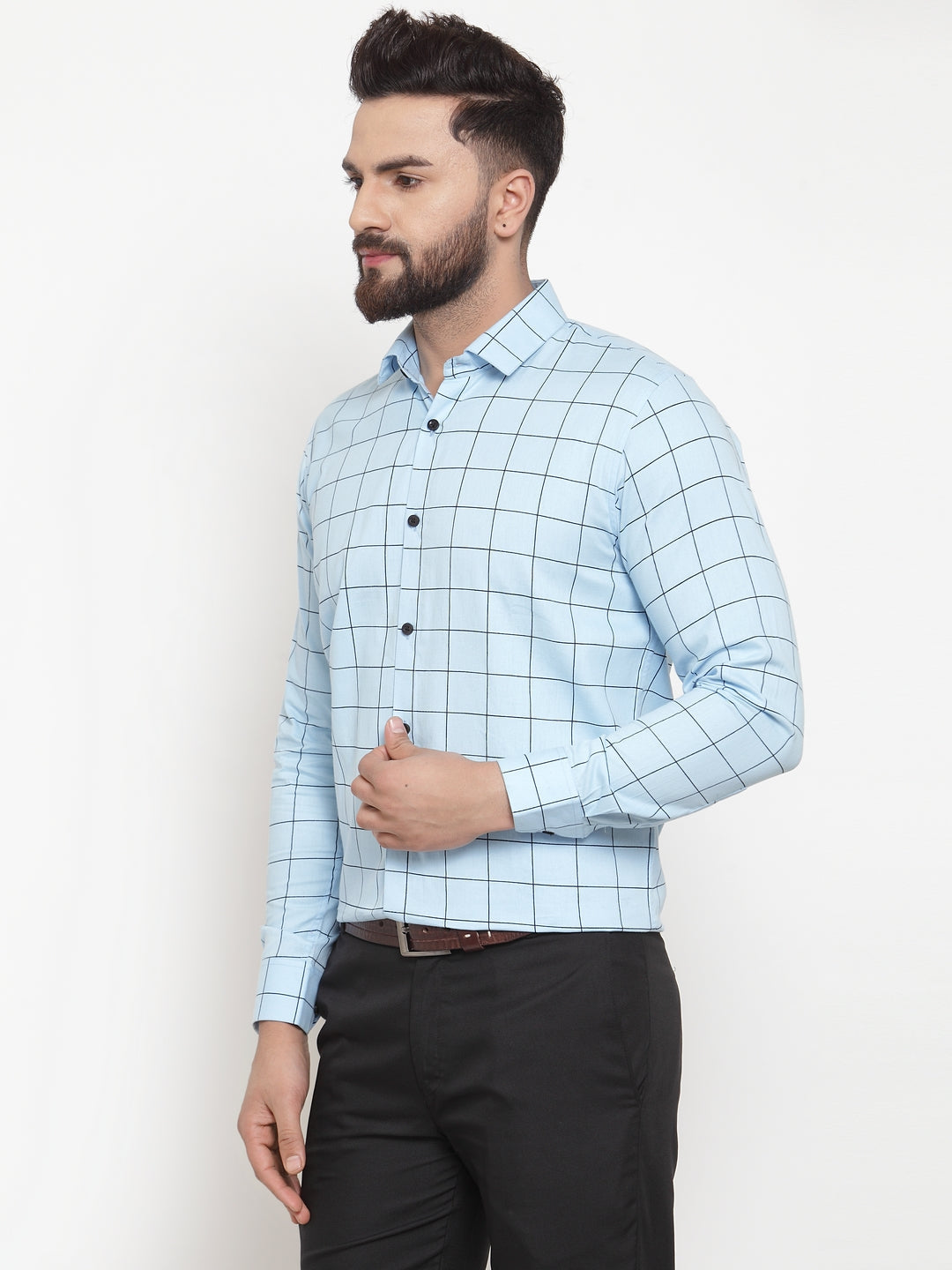 Jainish Blue Men's Cotton Checked Formal Shirts ( SF 742Sky )