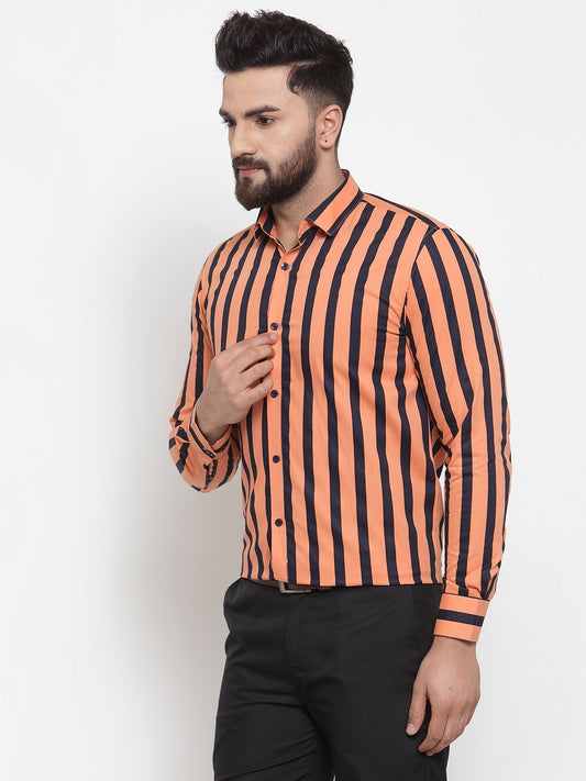 Jainish Orange Men's Cotton Striped Formal Shirts ( SF 744Orange )