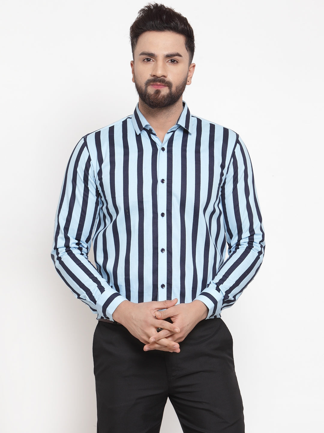 Jainish Blue Men's Cotton Striped Formal Shirts ( SF 744Sky )