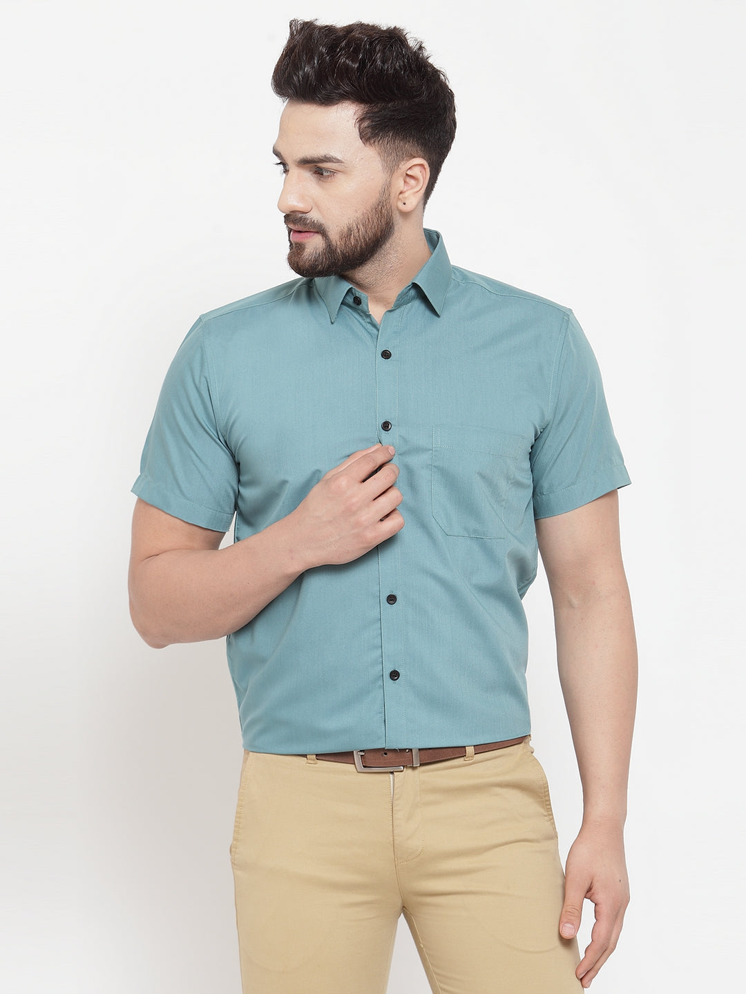 Jainish Green Men's Cotton Half Sleeves Solid Formal Shirts ( SF 754Aqua ) 