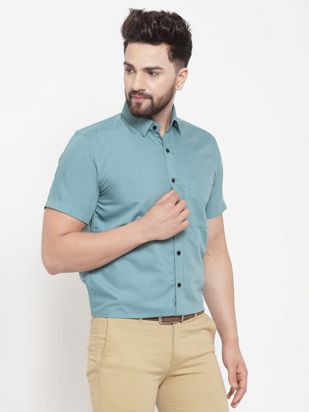 Jainish Green Men's Cotton Half Sleeves Solid Formal Shirts ( SF 754Aqua ) 