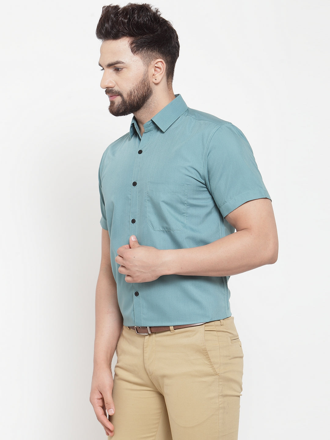 Jainish Green Men's Cotton Half Sleeves Solid Formal Shirts ( SF 754Aqua ) 