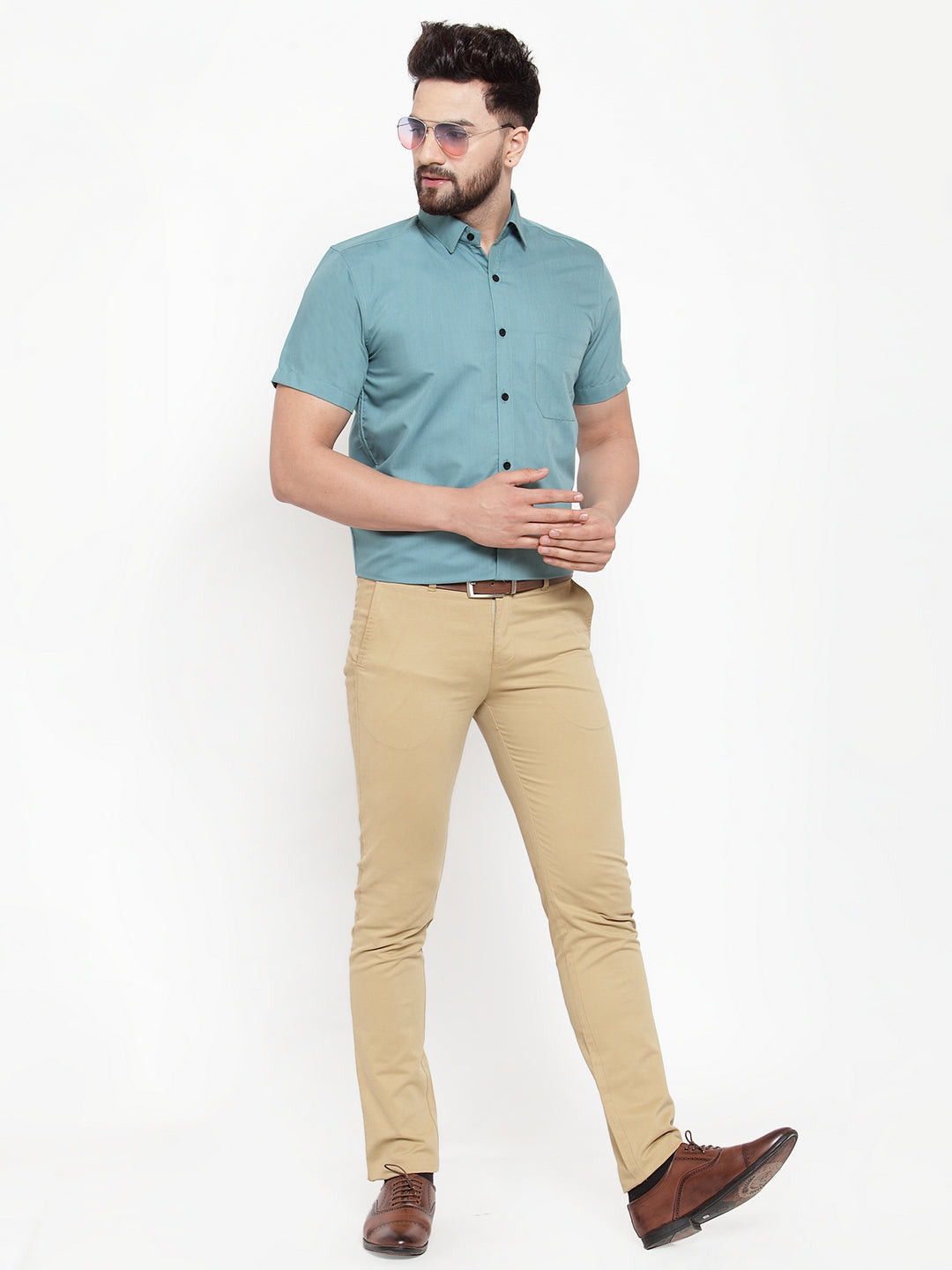 Jainish Green Men's Cotton Half Sleeves Solid Formal Shirts ( SF 754Aqua ) 