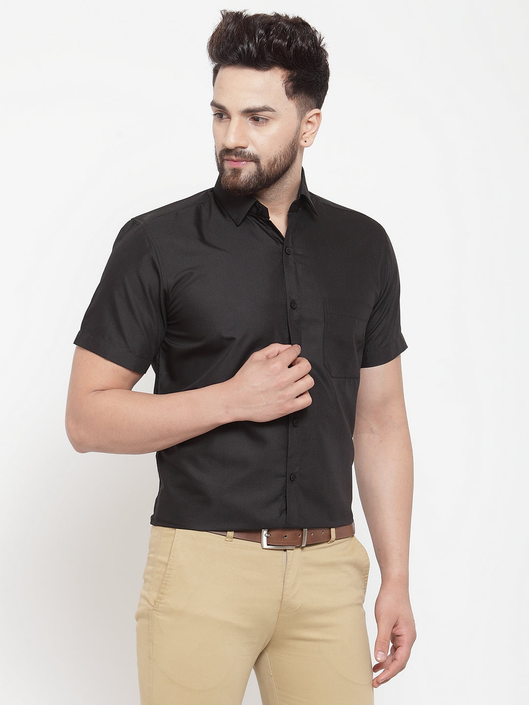 Jainish Black Men's Cotton Half Sleeves Solid Formal Shirts ( SF 754Black ) 