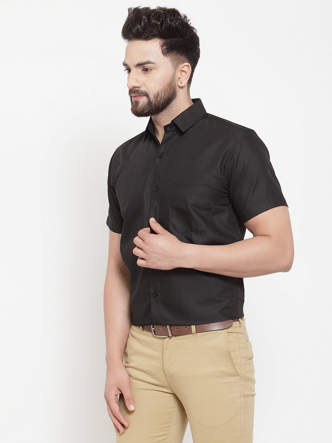 Jainish Black Men's Cotton Half Sleeves Solid Formal Shirts ( SF 754Black ) 