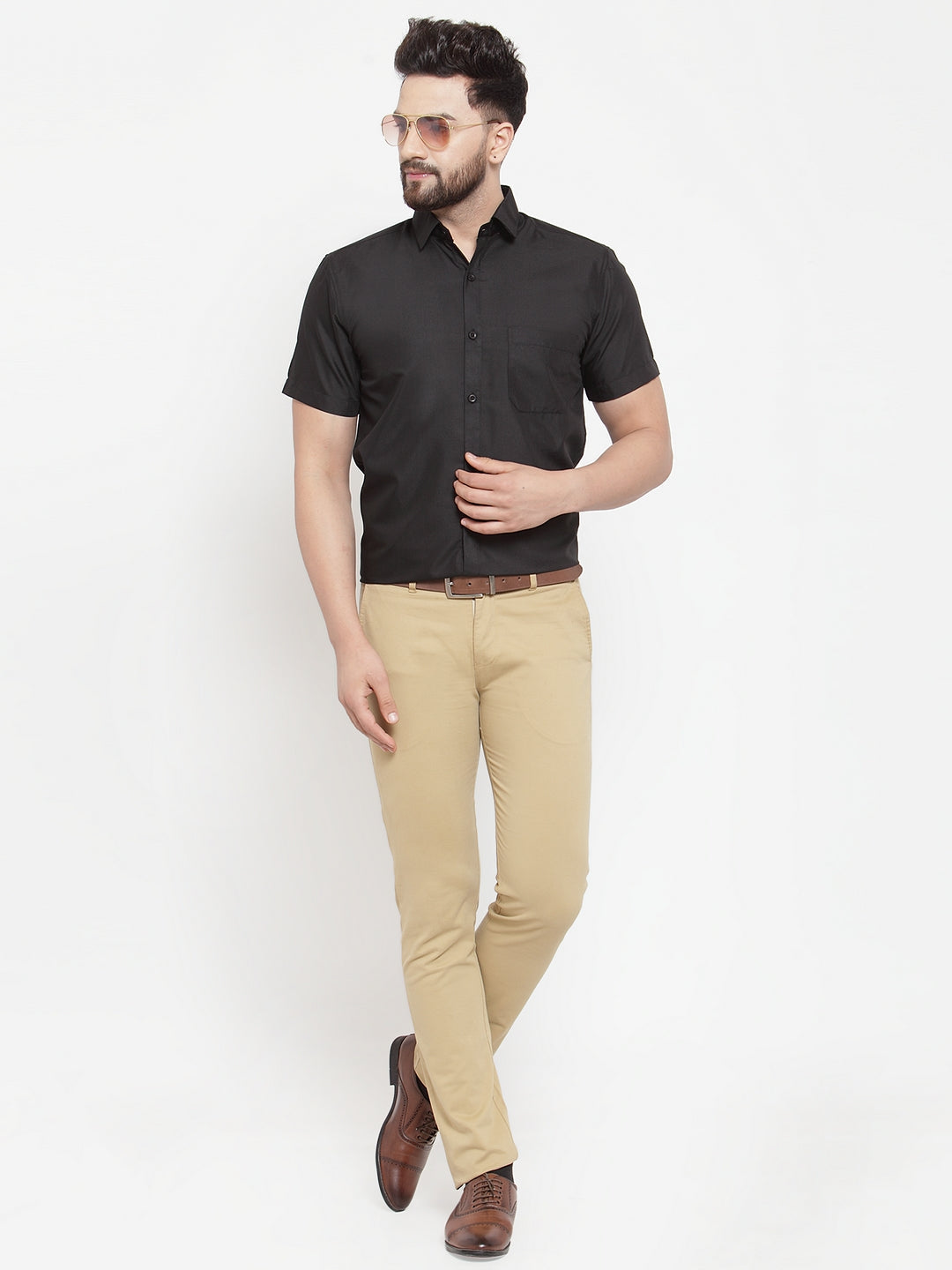 Jainish Black Men's Cotton Half Sleeves Solid Formal Shirts ( SF 754Black ) 