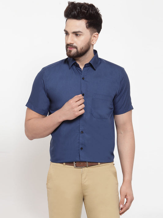 Jainish Blue Men's Cotton Half Sleeves Solid Formal Shirts ( SF 754Peacock ) 