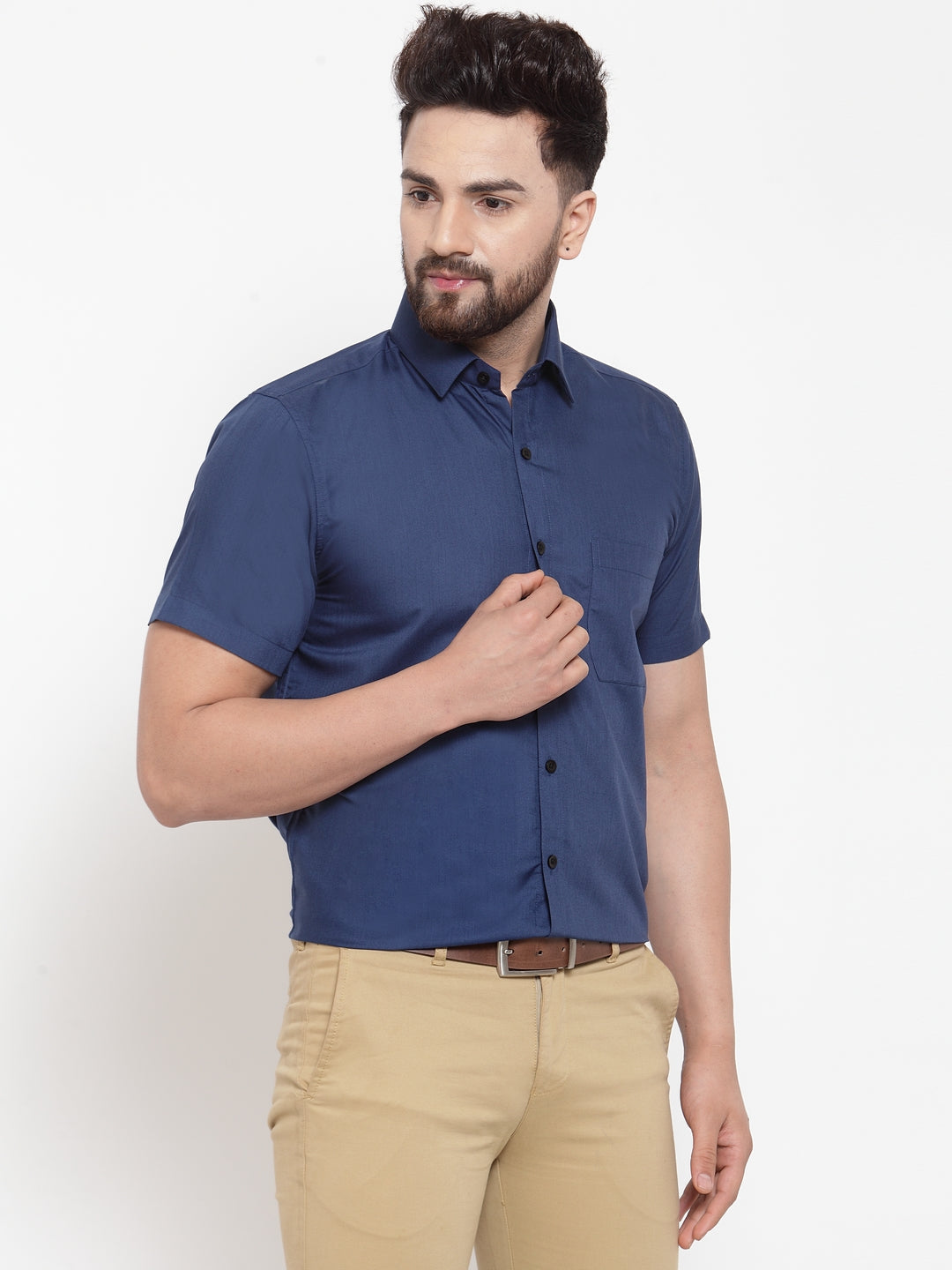 Jainish Blue Men's Cotton Half Sleeves Solid Formal Shirts ( SF 754Peacock ) 