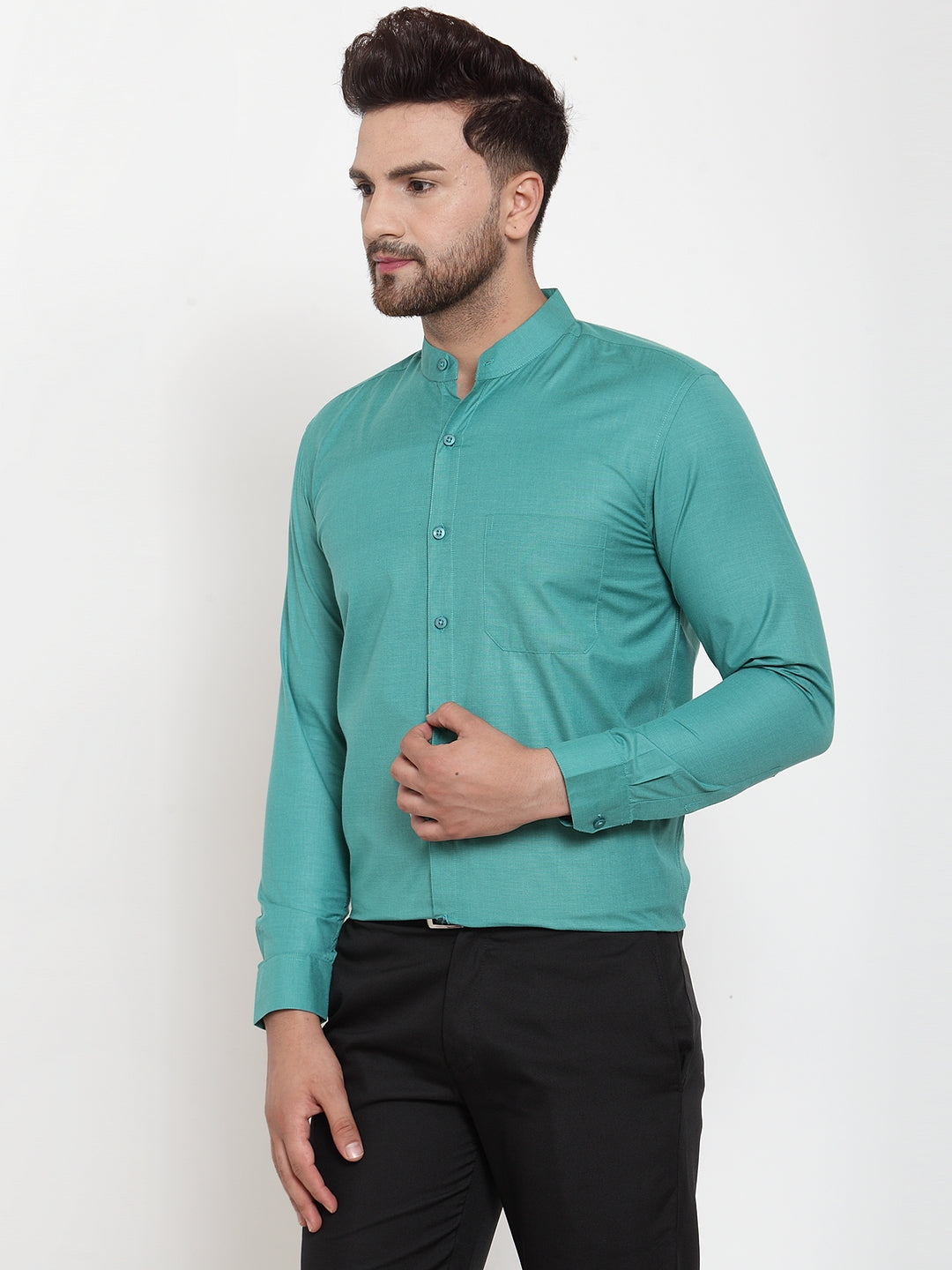 Jainish Green Men's Cotton Solid Mandarin Collar Formal Shirts ( SF 757Pista )
