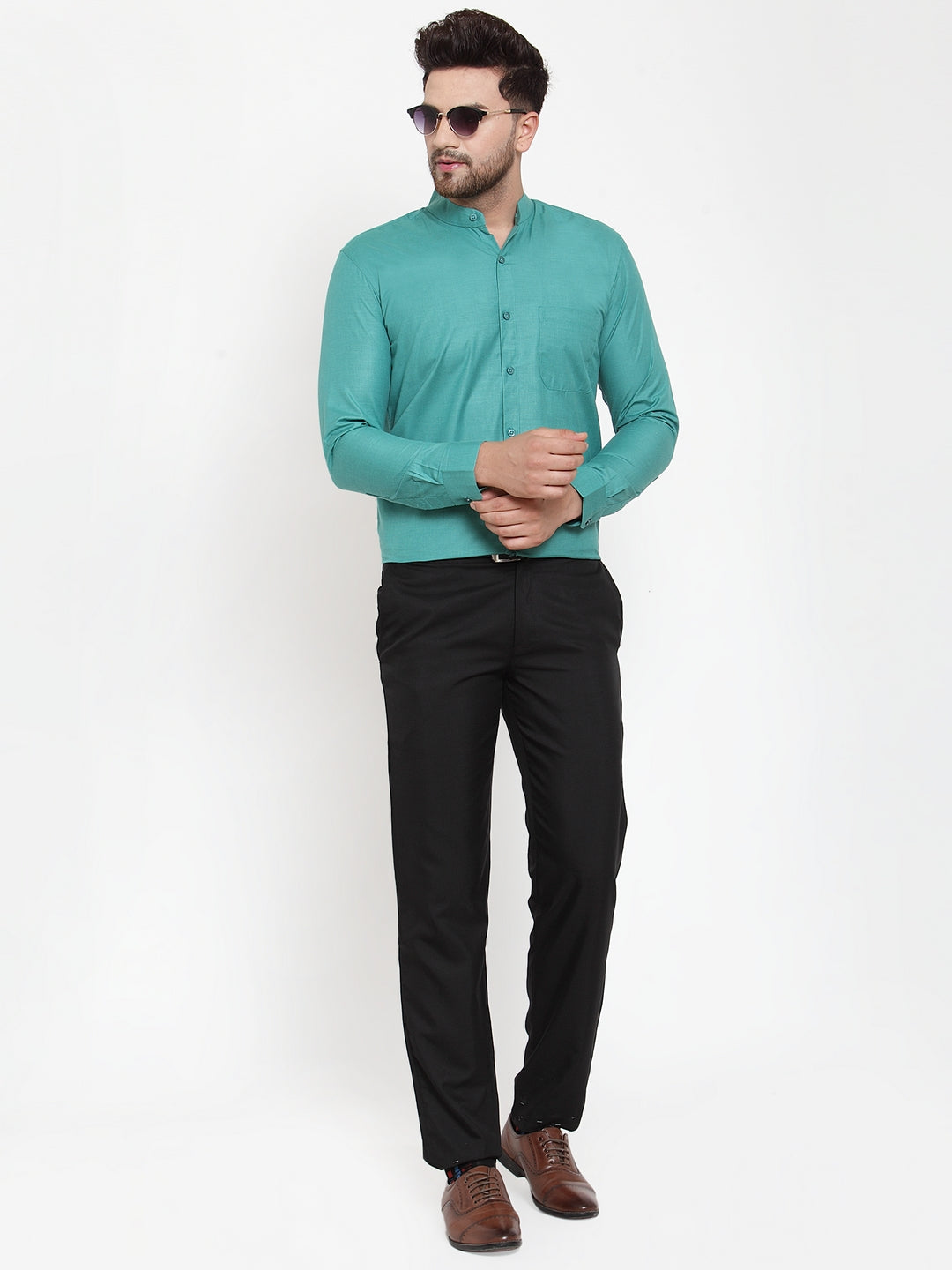 Jainish Green Men's Cotton Solid Mandarin Collar Formal Shirts ( SF 757Pista )