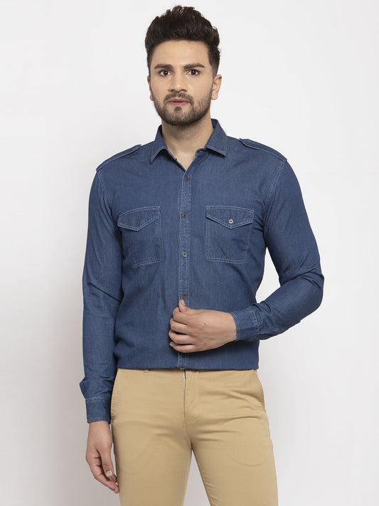 Jainish Navy Men's Denim Solid Formal Shirt's ( SF 763Navy )
