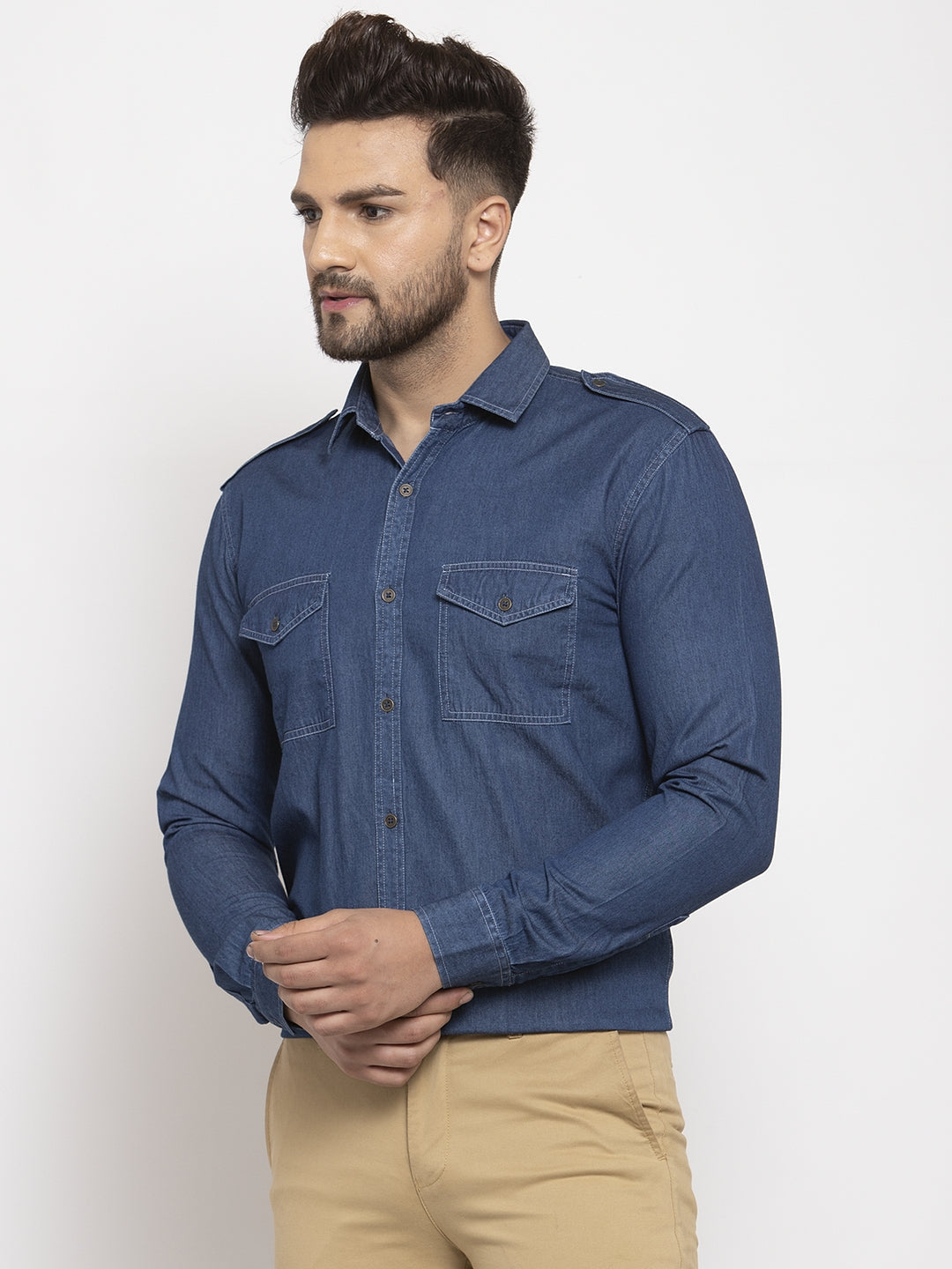Jainish Navy Men's Denim Solid Formal Shirt's ( SF 763Navy )