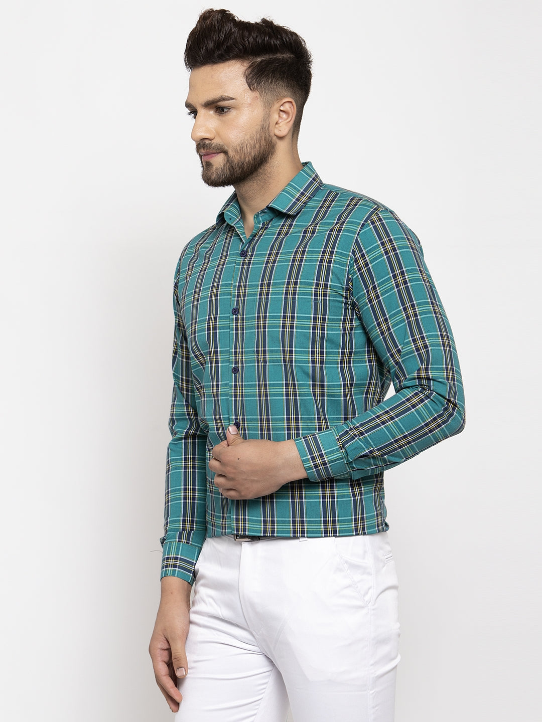 Jainish Green Men's Cotton Checked Formal Shirt's ( SF 764Green )