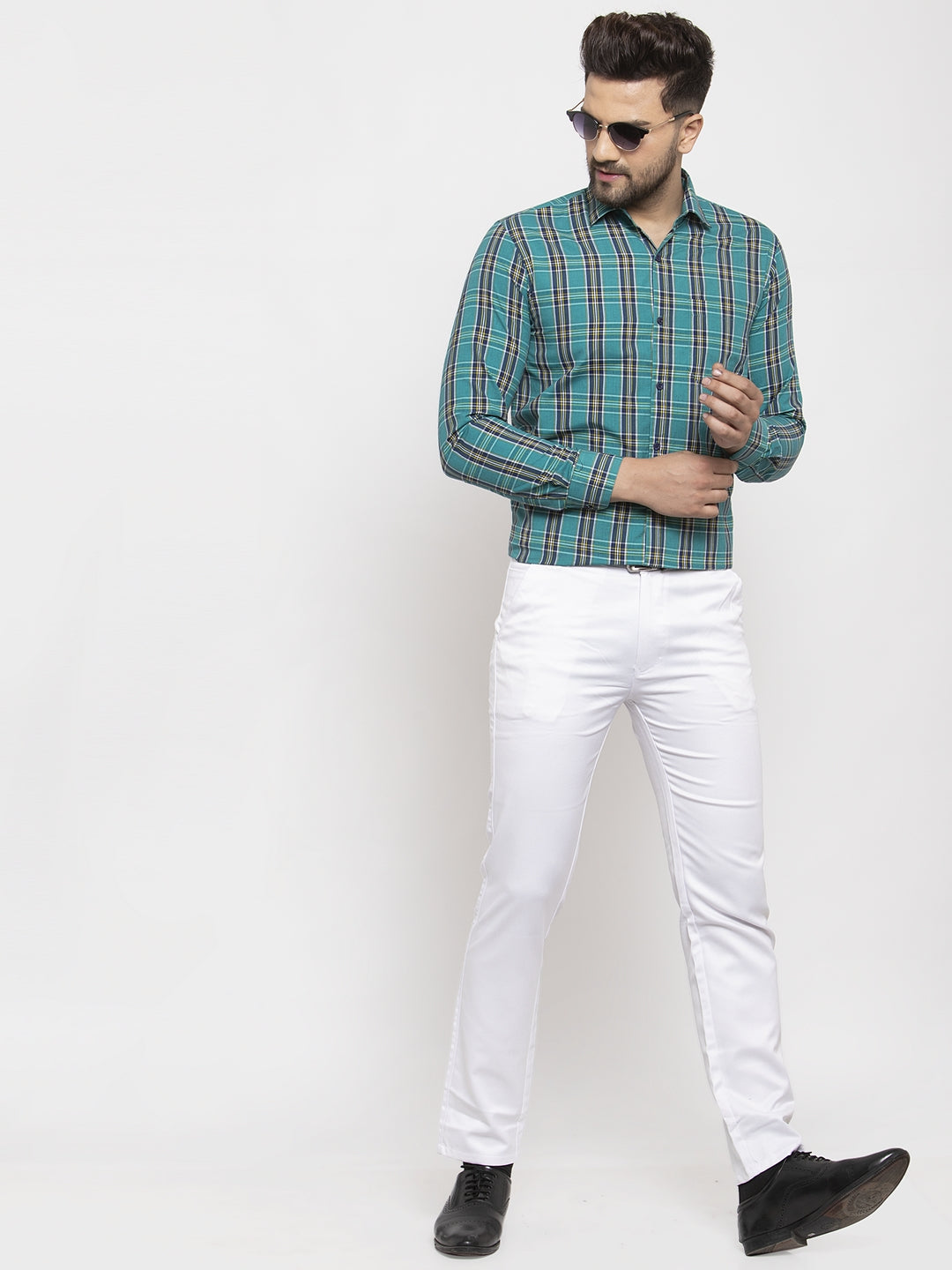 Jainish Green Men's Cotton Checked Formal Shirt's ( SF 764Green )