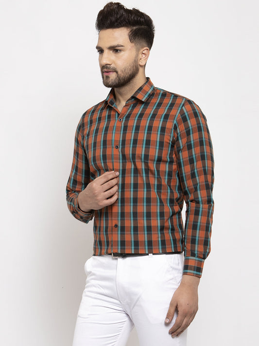 Jainish Orange Men's Cotton Checked Formal Shirt's ( SF 764Orange )