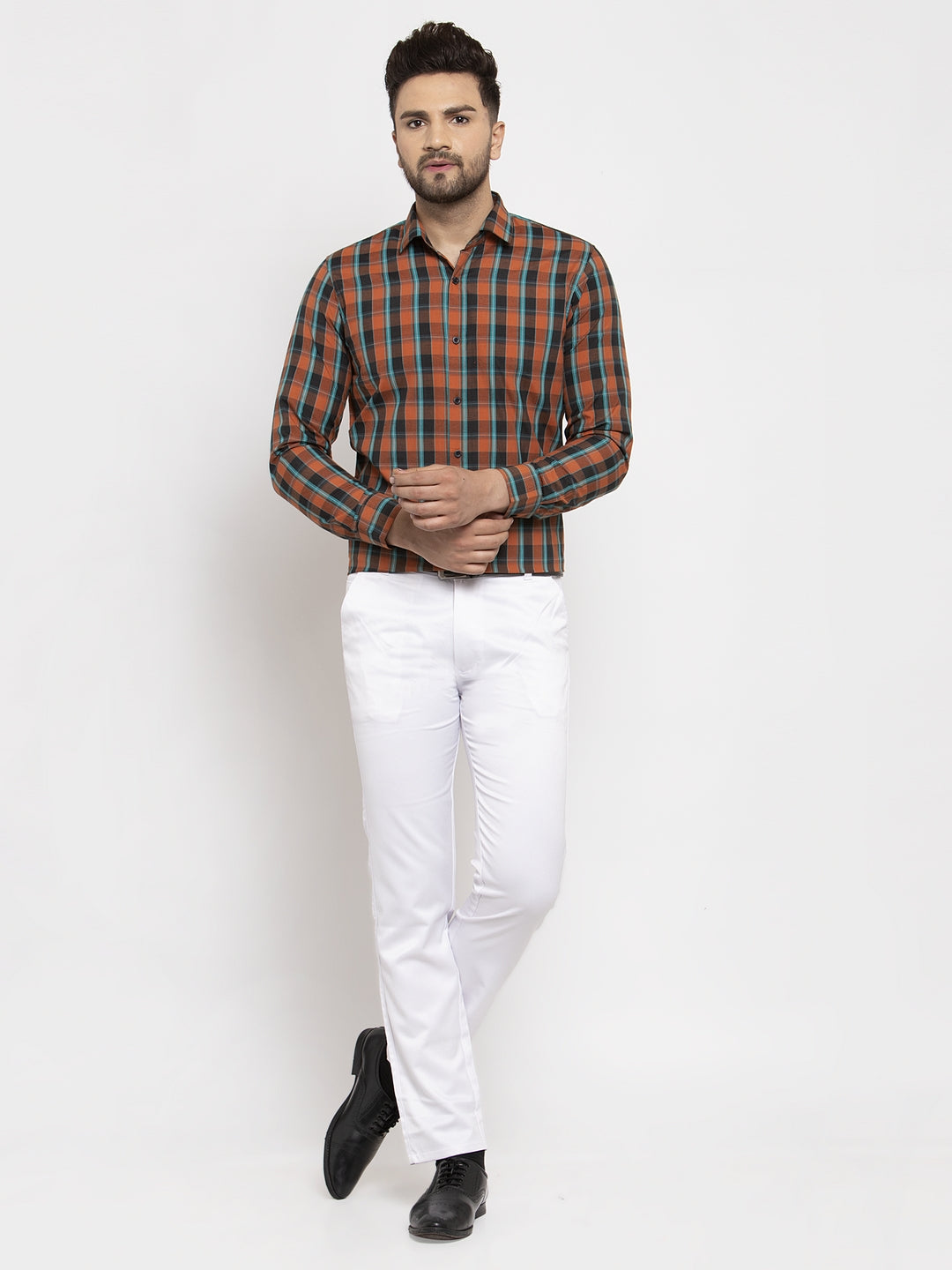 Jainish Orange Men's Cotton Checked Formal Shirt's ( SF 764Orange )