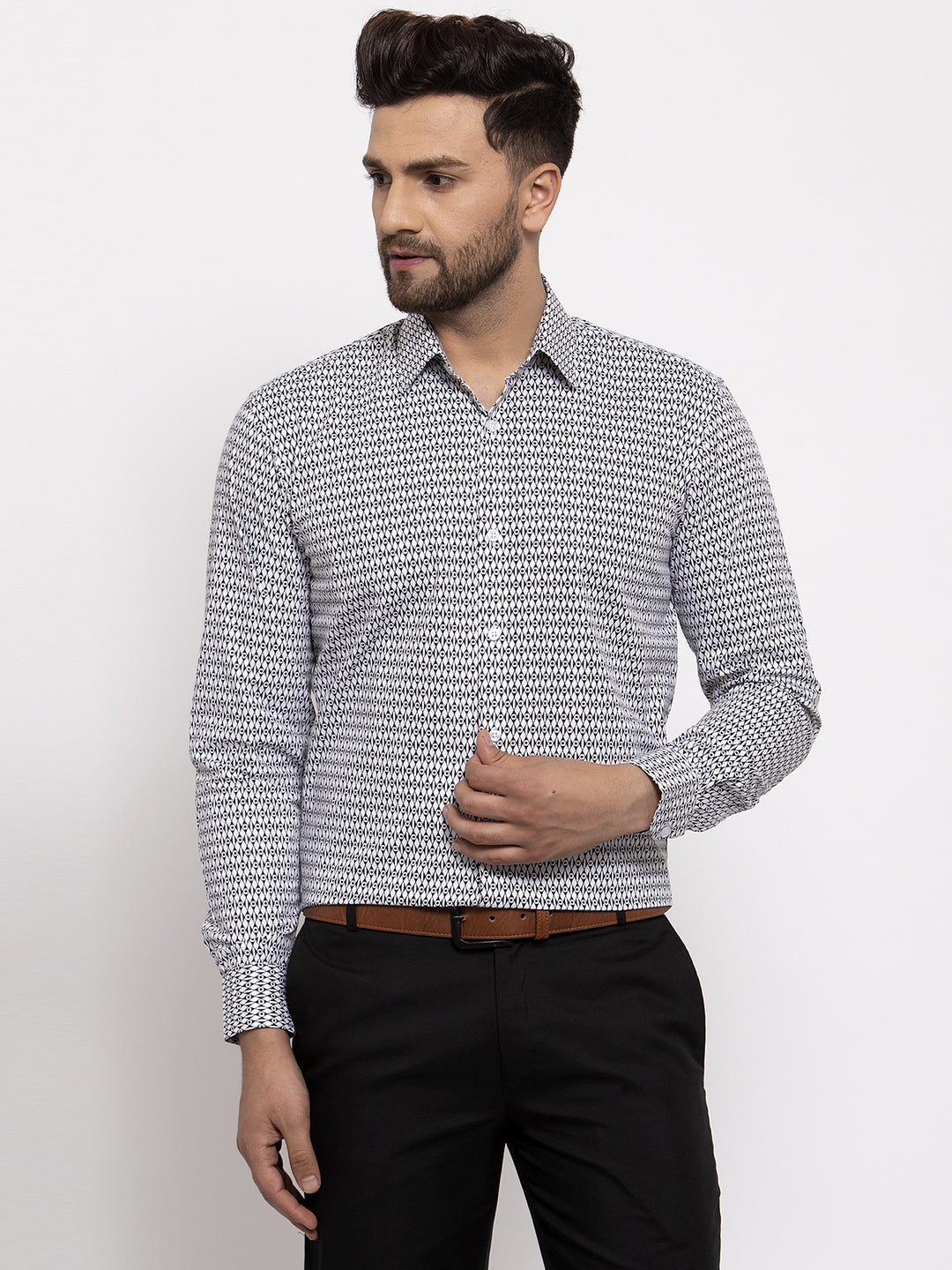 Jainish Black Men's Cotton Geometric Formal Shirt's ( SF 771Black )