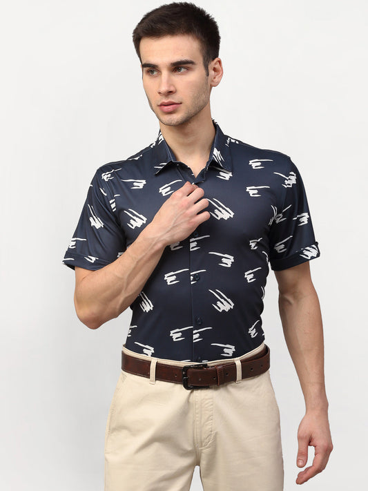 Jainish Navy Blue Men's Printed Lycra Half Sleevess Formal Shirts ( SF 778Navy ) 