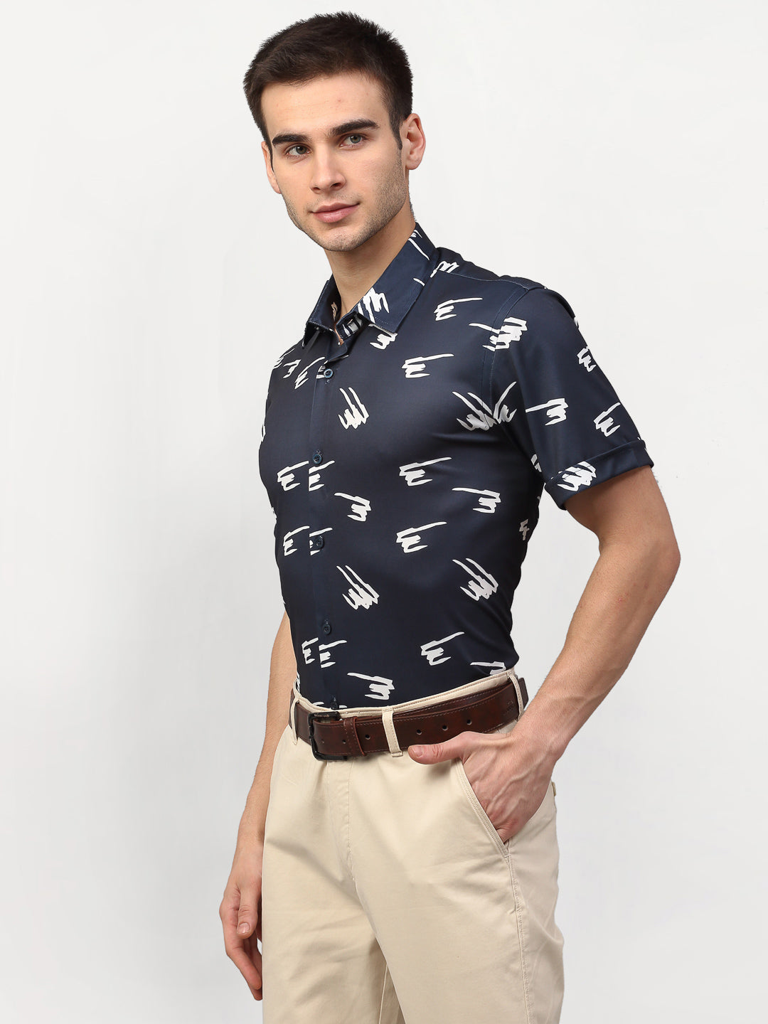 Jainish Navy Blue Men's Printed Lycra Half Sleevess Formal Shirts ( SF 778Navy ) 